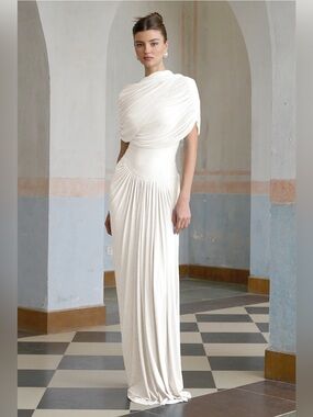 Miss Rosier Catherine White Asymmetrical Pleated Maxi Dress